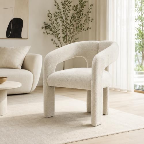 Modern Boucle Accent Chair, Upholstered Barrel Armchair with Curved Open Back...