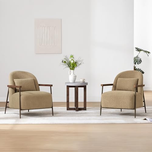 CHITA Accent Chair Set of 2, Sherpa Armchair with Wooden Armrest, Camel