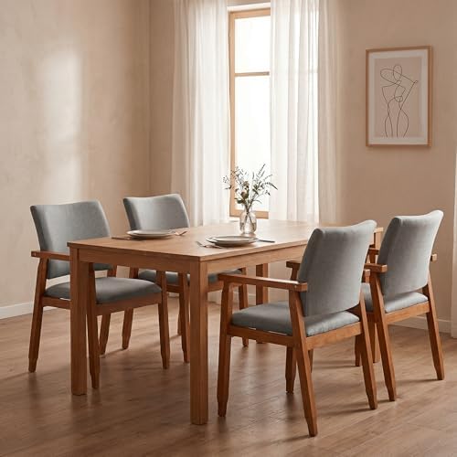 Mid Century Modern Walnut Dining Chairs Wood Arm Grey Fabric Kitchen Cafe Liv...