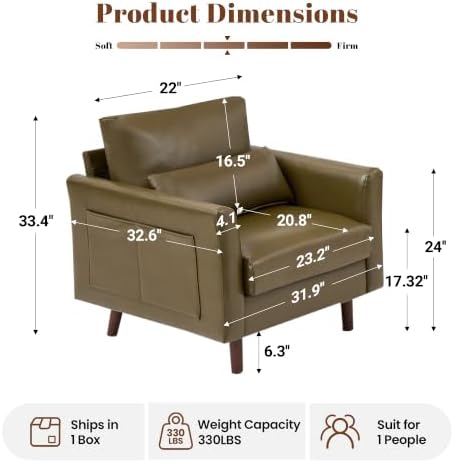 Kingfun Faux Leather Armchair Sofa with Side Pocket,Olive Green