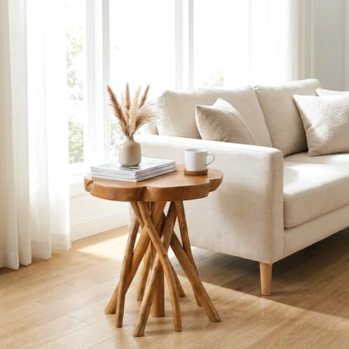 WELLAND Solid Teak Live Edge End Table, Petal Accent Table