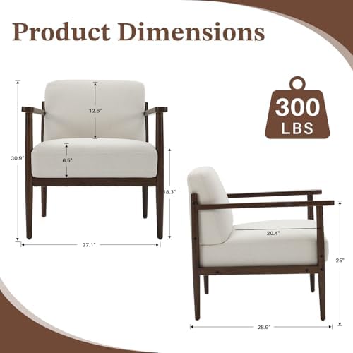 Mid Century Modern Accent Chair with Wood Frame Wide Seat & Thick Cushion
