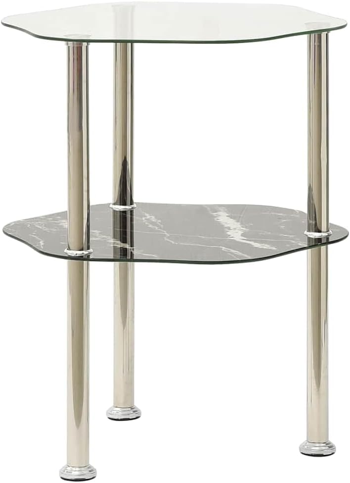 2-Tier Side Table Transparent Black 15x15x19.7 Inch Tempered Glass | Stainless Steel Frame, Rough Grinding Finish, Sturdy Accent Table for Living Room, End Table, Sofa Table