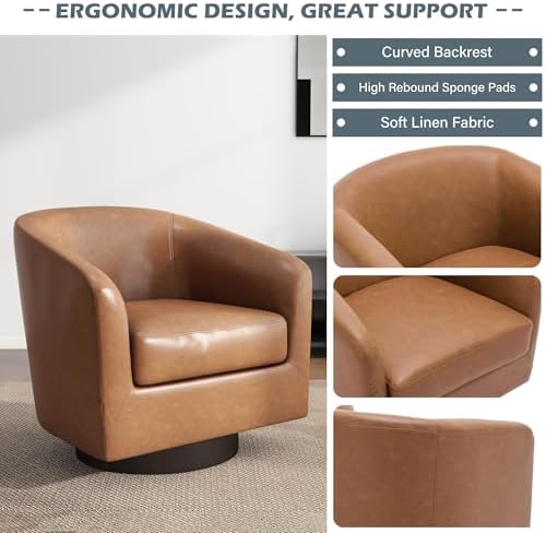 Faux Leather Swivel Accent Chairs Set of 2, Barrel Armchair, Brown