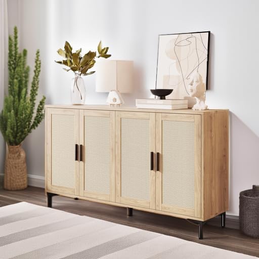 JASIWAY Buffet Cabinet with Storage, 48" Rattan Sideboard with Adjustabl...