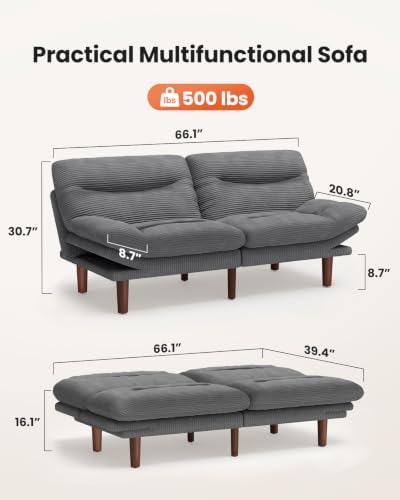 Amada Convertible Corduroy Futon Sofa Bed, 66 inch, Gray