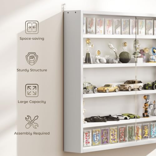 HOMCOM 5-Tier Wall Mounted Display Cabinet Glass Doors White