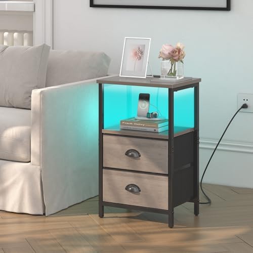 sthmec Nightstand with Charging Station, LED Night Stand Set of 2, Bedside Ta...