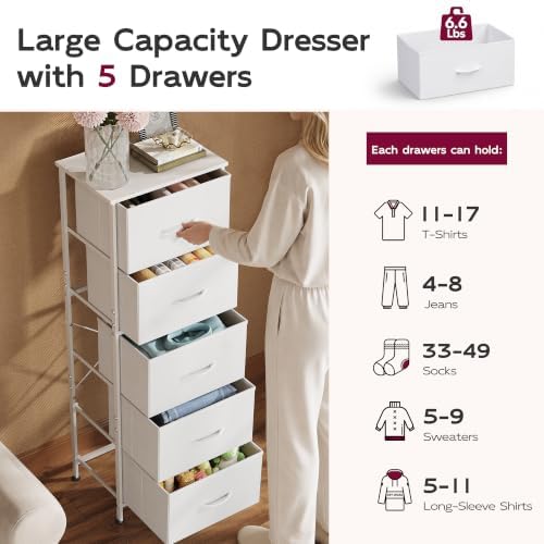 WLIVE Tall Dresser for Bedroom, 5 Drawer Dresser, White