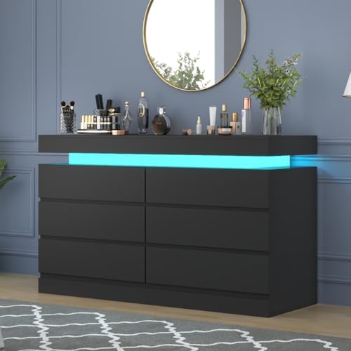 Gyfimoie 6 Drawer Dresser with Power Outlet, Dresser with LED Light