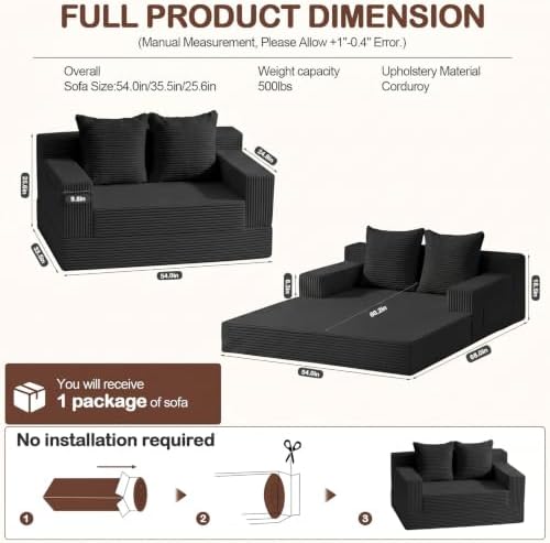 Boneless Loveseat Couch Folding Sofa Bed, Foldable Floor Futon Sleeper Couch ...