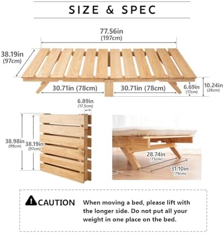 EMOOR Foldable Wood Slatted Floor Bed Frame OSMOS Twin Solid Pine (Earth-Natu...
