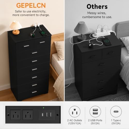 GEPELCN 55.2" Tall Dresser with Charging Station Wooden 8 Drawer Dresser...