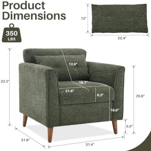 Modern Green Accent Chair with Wooden Legs Plush Fabric Armchair