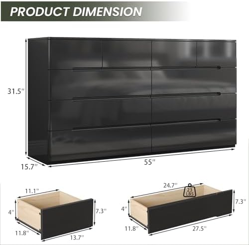 10 Drawer Dresser for Bedroom, 55" Long High Gloss Dresser, Black