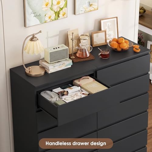 FOTOSOK Black Dresser, 6 Drawer Dresser with Handleless Drawer Cabinet