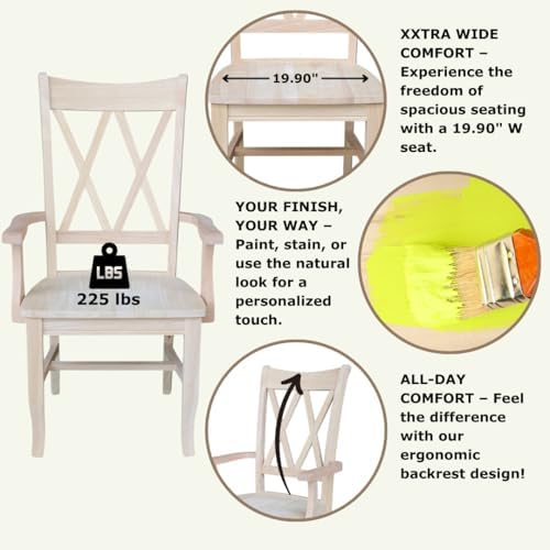 IC International Concepts Solid Wood Double X-Back Arm Chair, Unfinished
