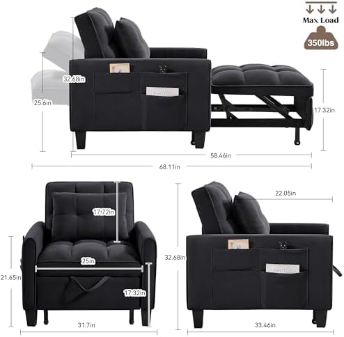 Convertible Sleeper Chair, 3 in 1 Sleeper Chair Bed Pull Out Sofa Bed Chairs,...