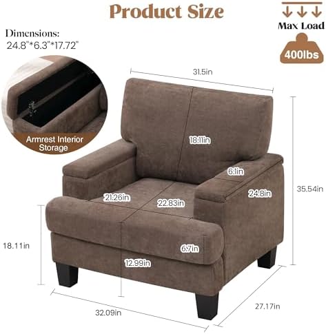 Modern Upholstered Accent Chair, Living Room Chairs with Storage Armrest, Com...