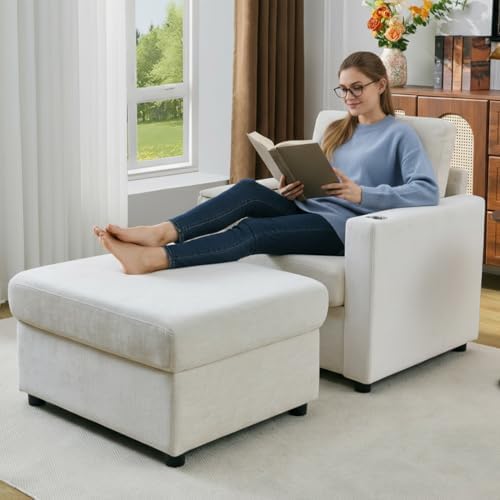 Rading Chairs with Storage Ottoman and Folding Tray Table, Beige