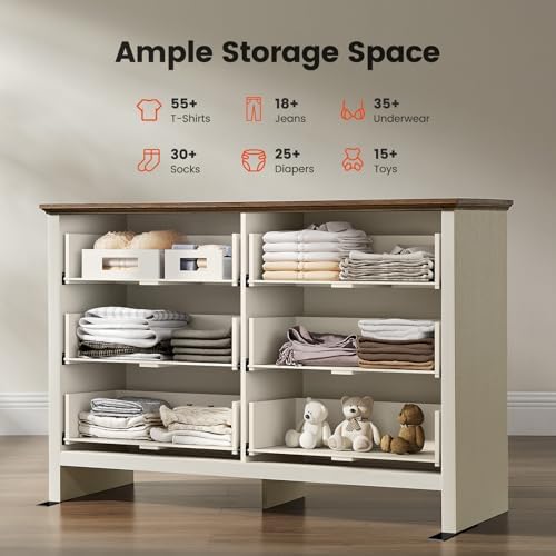 Amada Farmhouse 6 Drawer Dresser, Wood with Natural Texture, Brown & White