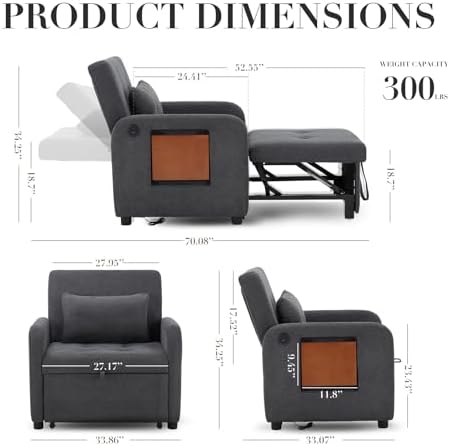 MALOL Convertible Chair-Fabric Sofa Bed, Single Sleeper Sofa, Dark Grey