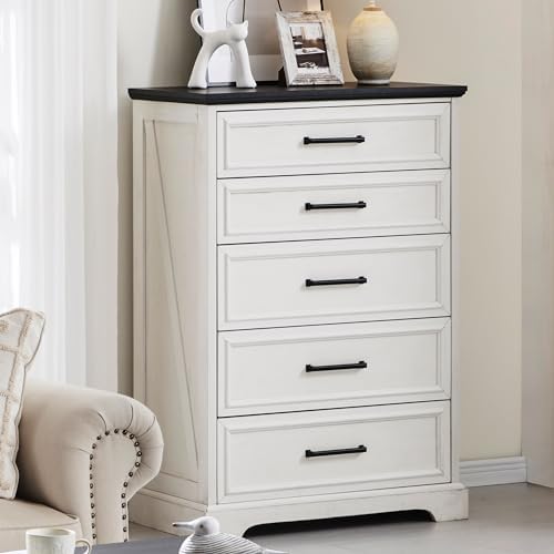 ACCOHOHO Farmhouse 5 Drawers Dresser Chests for Bedroom, Antique White