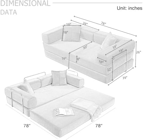 4-in-1 Folding Convertible Sofa Bed, 78 Inch Boneless Couch with Fixed-Shape ...