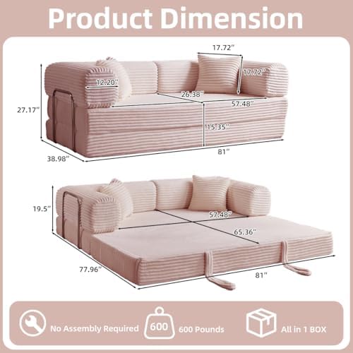 Convertible Folding Sofa Bed, Pink, 81 Inch