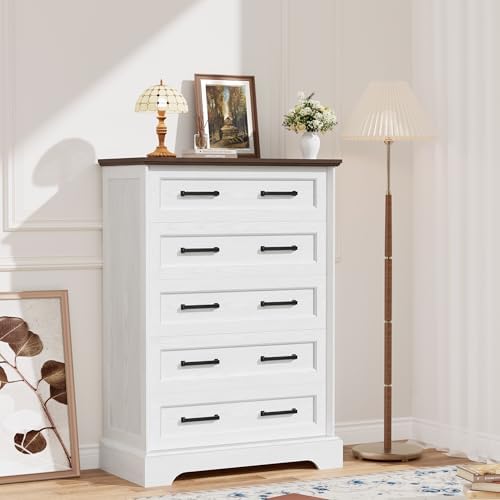 YESHOMY Tall Dresser for Bedroom, Farmhouse 5 Drawers Dresser, White&Brown