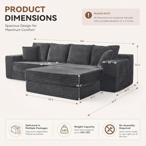 106'' Convertible Futon Sofa Bed, Boneless Couch for Living Room, Grey