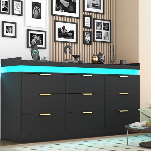 9 Drawer Dresser for Bedroom, Black Dresser with LED Lights and Power Outlet,...