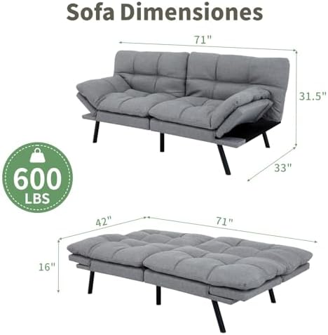 MUUEGM 71-Inch Futon Sofa Bed, Convertible Loveseat Sleeper | Airy Light Gray...