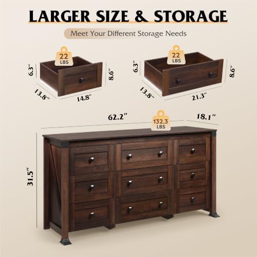 WLIVE Brown Dresser for Bedroom, 9 Drawer Wooden Chest of Drawers with SGS-Te...