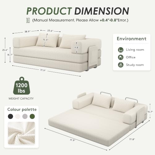 78" 5-in-1 Convertible Futon Sofa Bed, Boneless Couch for Living Room