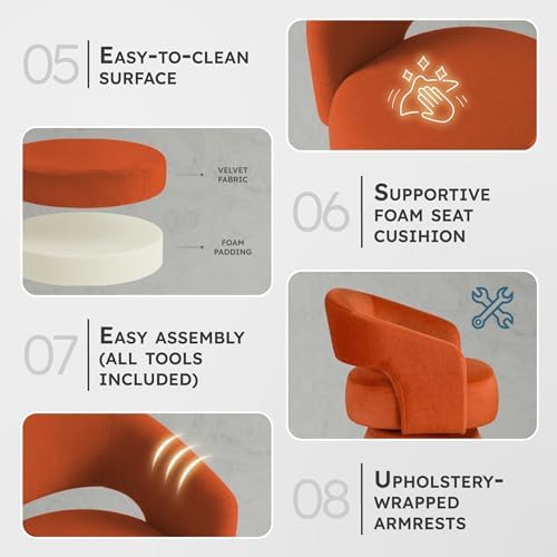 Lexicon Swivel Accent Chair, Modern Velvet Round Barrel Chair, Orange