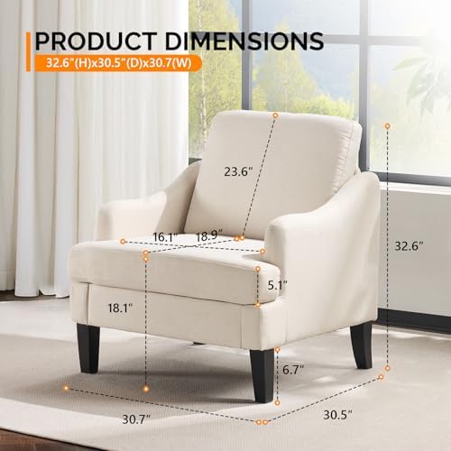 VINGLI Linen Fabric Accent Chair Beige, Modern Upholstered Armchair, Comfy So...