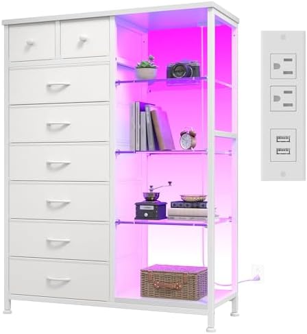 EnHomee White Dresser with LED Lights & Power Outlets, 8 Drawers, 54" H