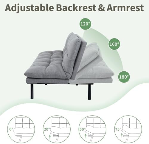 MUUEGM 71-Inch Futon Sofa Bed, Convertible Loveseat Sleeper | Airy Light Gray...