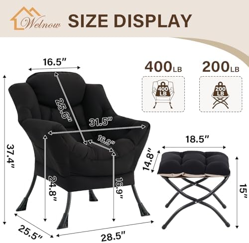 Welnow Lazy Chair with Ottoman, Reading Chair with Footrest,Matte Black