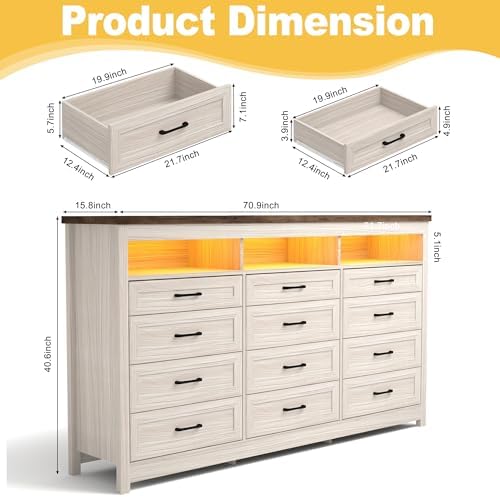 Hlivelood Farmhouse 12 Drawer Dresser with LED Lights, 71" Wide Large Ch...