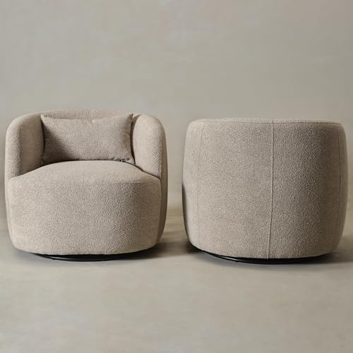 KINWELL 34" W Boucle Swivel Barrel Chairs with Pillow Set of 2, Taupe