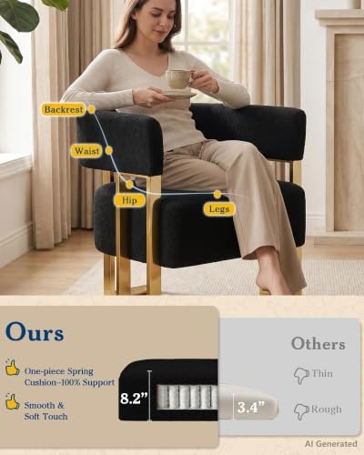 Mid Century Modern Accent Chair, Barrel Armchair, Black Boucle, Gold Leg