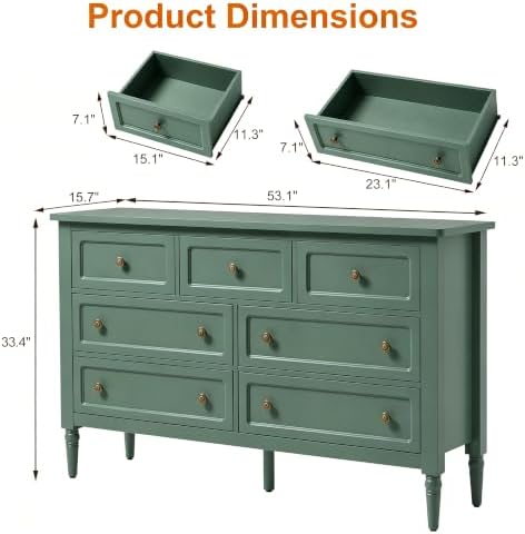 RoyalCraft 7 Drawer Dresser for Bedroom, 53" Wide Vintage Chest of Drawers
