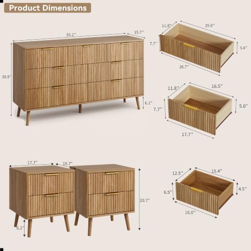 CARPETNAL Fluted Dresser and Nightstand Sets for Bedroom, 3 Pcs Bedroom Set, ...