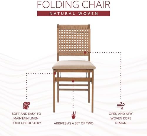 Linon Bennett Natural Folding Chair with Woven Rope Back and Linen Upholstere...