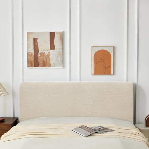 Bed Headboard Cover Queen, Stretch Head Board Slipcover Washable | Jacquard Protector Slip Cover for Upholstered Headboard for Bedroom Decor, Slanted Rib White, Queen (Length 59"-67")