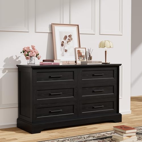 YESHOMY Dresser for Bedroom, Farmhouse 6 Drawers Dressers, Black