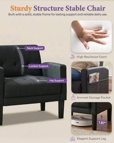 Black Accent Chair, Tufted Reading Armchair with Arms for Living Room