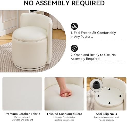 WUTUTUEE Faux Leather Vanity Chair with Storage, 360° Swivel Makeup Chair wit...